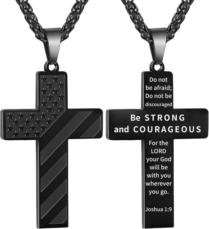 DuoDiner Valentines Day Gifts for Him -18+2 Inch Cross Necklace Bible Verse Stainless Steel American Flag Pendant Chain for Men Boys Cross Jewelry Gift - Image 1
